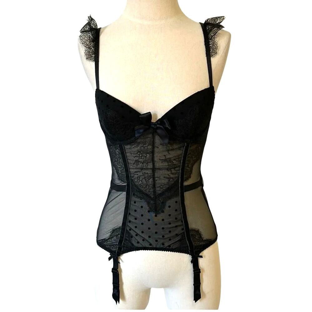 Victoria Secret Runway Collection Polka Dot Lace Corset Bustier black 34B EUC